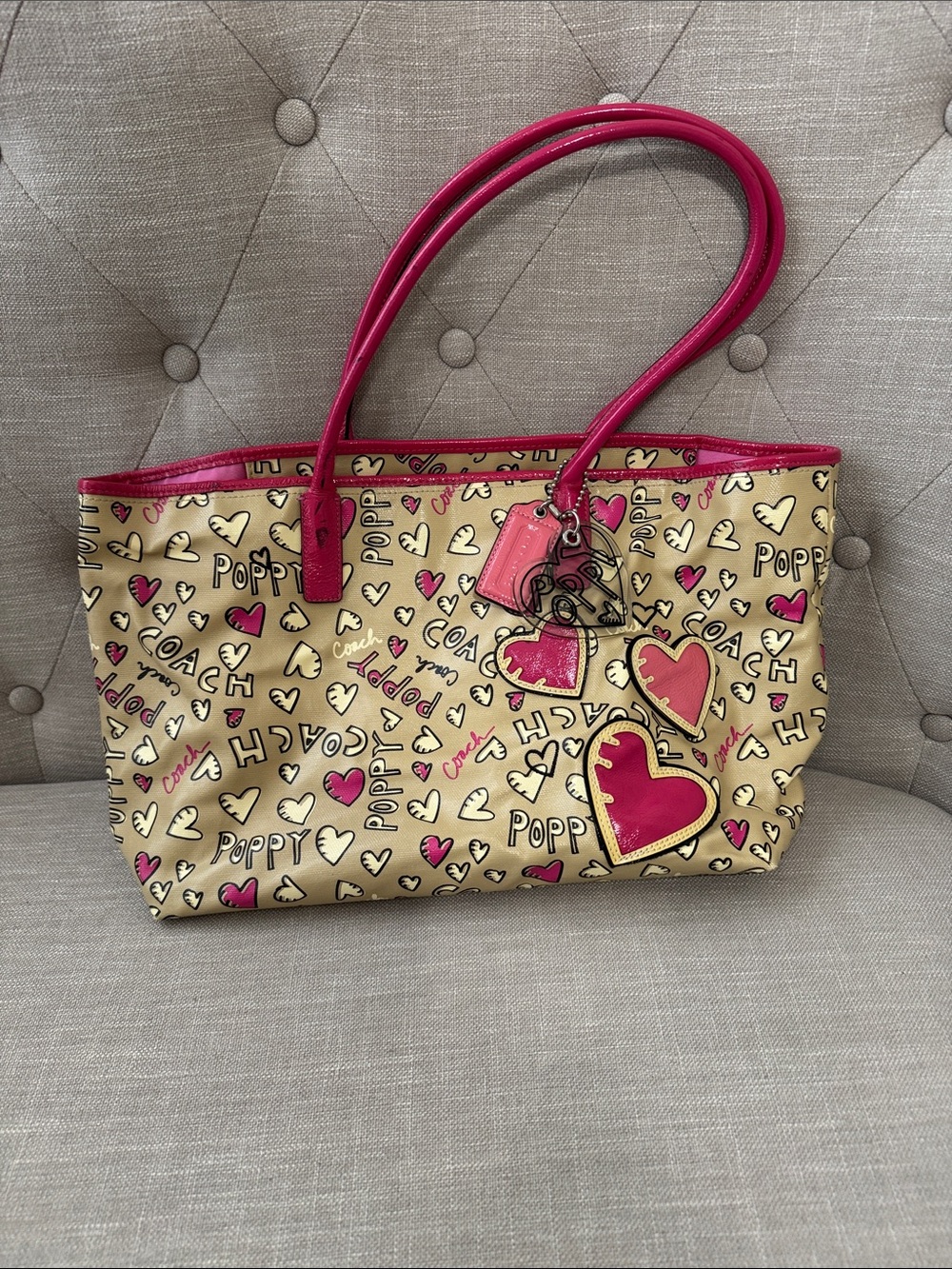 Coach Beige Tote with Pink Heart Graphic Print